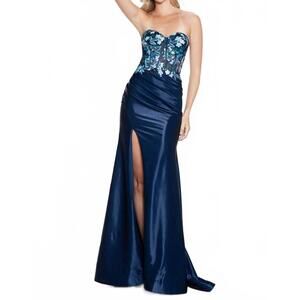 NEW JULIET floral strapless corset gown in navy blue